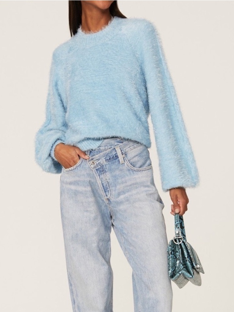 Show Me Your Mumu Fuzzy Eyelash Puff Sleeve Crewneck Sweater Light Blue Small